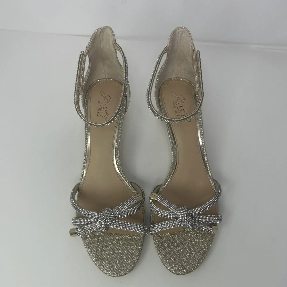 Jewel Badgley Mischka Lena Knotted Mid Heel Sandal Gold‎ Glitter Size 9 NEW